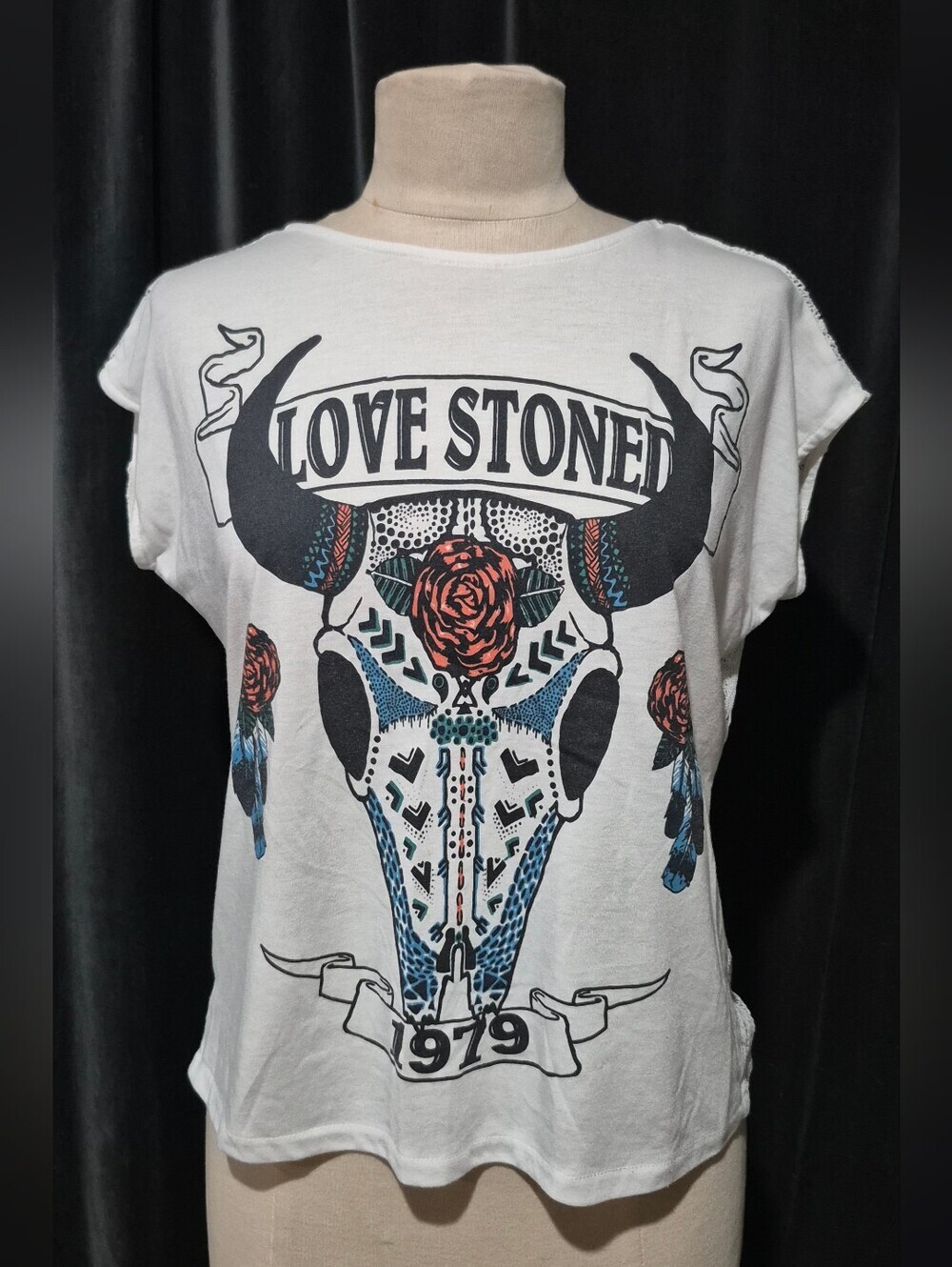 Forever 21 White 'Love Stoned' Graphic Tee with Red Rose (Box C)